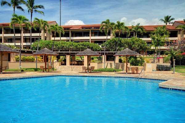 Resort pool with palm trees and shaded seating under a sunny sky.