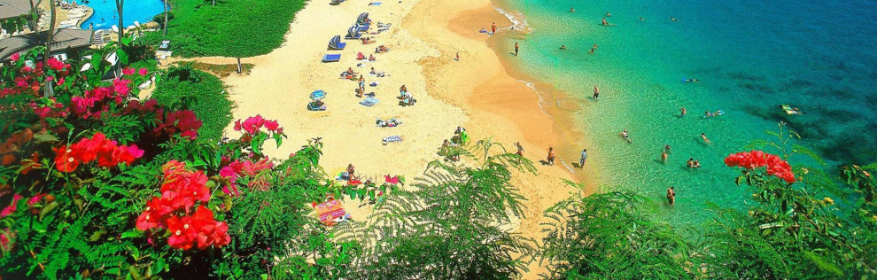 A vibrant beach scene with sunbathers, umbrellas, and turquoise water.